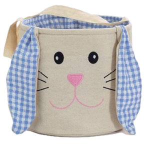 🐰 Easter Bunny Canvas Basket Blue Gingham Ears & Tail | Easter Egg Hunt Tote